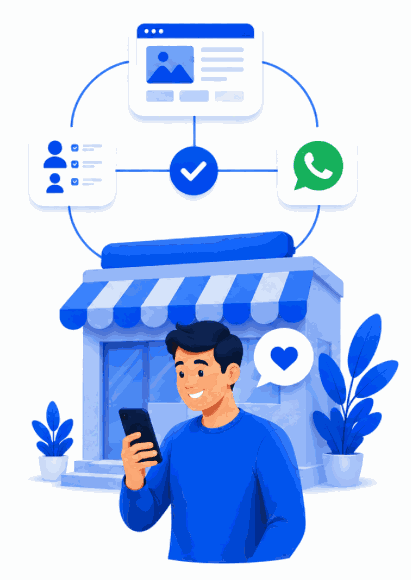 O mesmo negócio com site, leads e WhatsApp conectados, e um cliente satisfeito