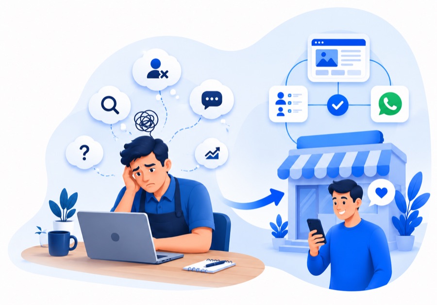 De um lado, um dono de negócio sobrecarregado tentando dar conta de site, buscas e mensagens espalhados; do outro, o mesmo negócio com site, cadastro de leads e WhatsApp conectados, e um cliente satisfeito.